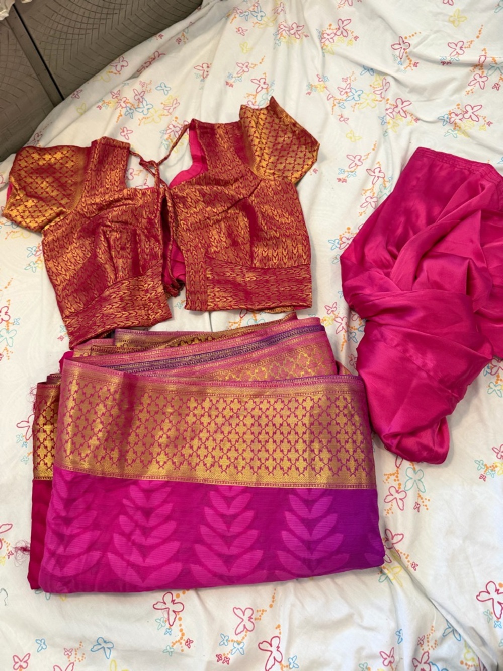 Pink and Gold Silk Sari with Matching Blouse & petticoat